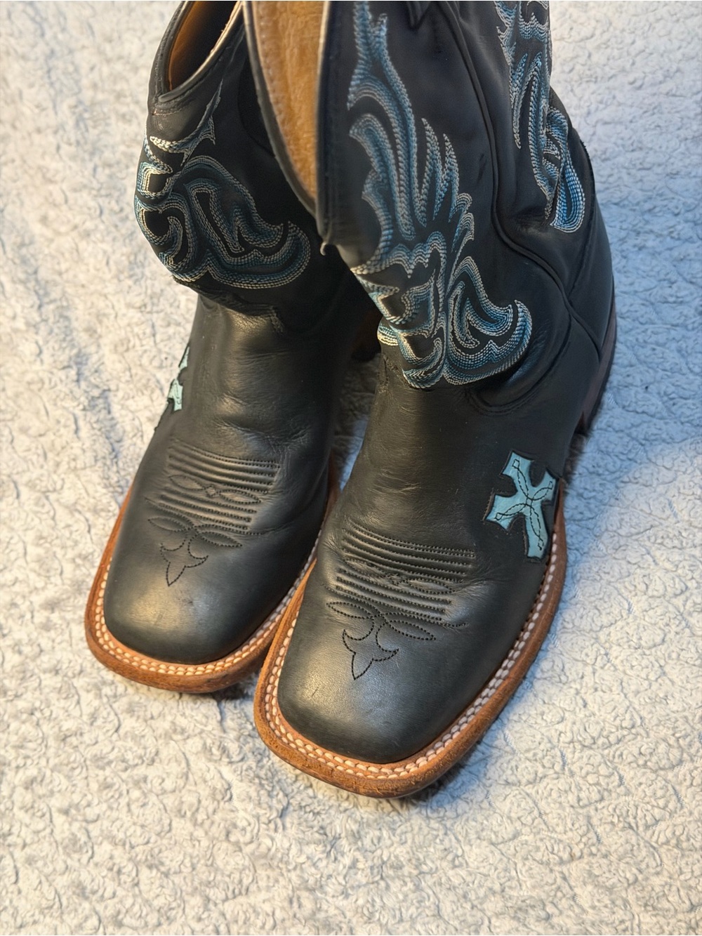 Tony Lama Black Western Boots with Light Blue Cross Accents